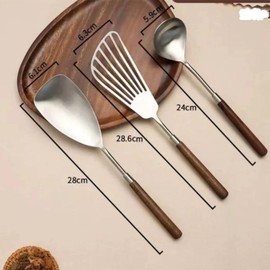 3-Piece Kitchen Utensils Set 18/10 Stainless Steel Cooking Utensils Walnut Wooden Handle Small Kitchen Utensils Gadgets Wok Spatula and Ladle Slotted Turner Spoon Wok Utensils Set