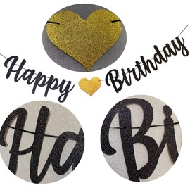 bng-bng Happy Birthday Banner Black and Gold Birthday Bunting Glitter Large Hanging Letter Banner For Men Birthday Party Decorations Backdrop