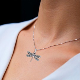 QKABTI Vintage Dragonfly Pendant Necklace for Women 925 Sterling Silver Oval Shaped Aquamarine Cute Dragonfly Necklaces Birthstone Jewelry Birthday Gifts for Her