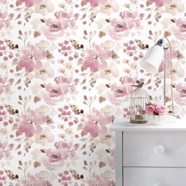 Toduso Peel and Stick Wallpaper Floral Wallpaper Pink/White Watercolor Contact Paper Self Adhesive Removable Wallpaper Shelves Liners Decorative Vinyl Roll 17.3''x196.8''