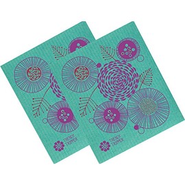 Trendy Tripper Swedish Dishcloth, Jenn Ski Mid-Century Modern Design - FLORAL (Red + Purple on Turquoise (2)