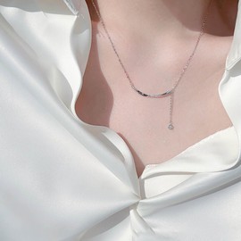 Erimberate Bohemian Crystal Bar Choker Necklace Silver Rhinestone Y Lariat Pendant Necklace Curved Arch Bar Chain Necklace Minimalist Cz Bar Necklace Jewelry for Women