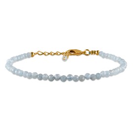 Natural Blue Aquamarine Gemstone Micro Beads Dainty Bracelet Jewelry for Women, March Birthstone, Chakra Energy Crystals, 14k Gold Plated Chain 8 inch Adjustable