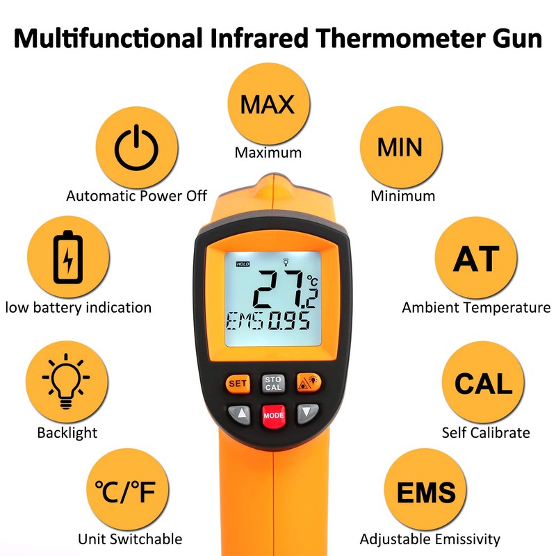 Digital Infrared Thermometer Laser Temperature Gun Alarm Setting Non-Contact Temperature