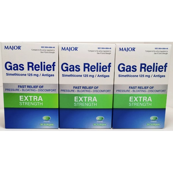 Major Gas Relief Extra strength, Simethicone 125mg 30softgels (3Packs) EXP:08/25