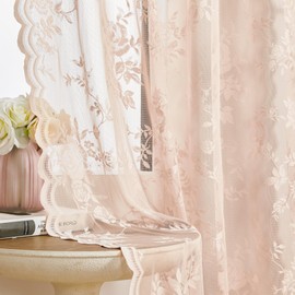 SEEKRIGHT Blush Pink Lace Curtains 84 Inches Long 2 Panels French Floral Sheer Curtains for Living Room Bedroom Vintage Victorian Curtains Rod Pocket Light Filtering Edges Drapes Window Decor, 52x84