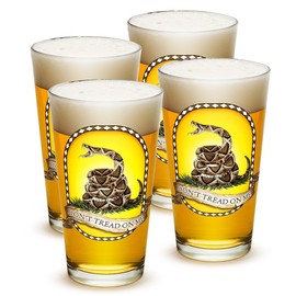 Erazor Bits Don't Tread On Me DTOM Patriotic - This will defend - Classic Premium Beer Pint Glasses 16 Ounce - Set of 4 - Highball Cocktail Mixing Glass - Perfect for Cold Beverages - With Logo