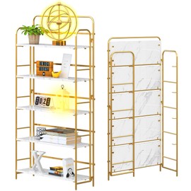 4NM No Assembly Folding Bookshelf, 5 Tier Vintage Industrial Book Shelf,Metal Foldable Storage Bookcase and Bookshelves for Living Room,Bedroom and Kitchen - White and Gold