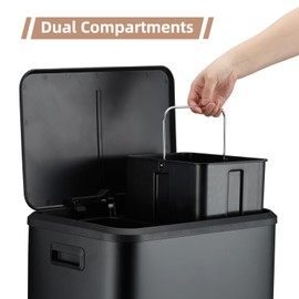Takywep 8 Gallon Kitchen Trash Can, Hands-Free Recycle Trash Can with Dual Removable Liners, Stainless Steel Dual Kitchen Step Trash Can (4 + 4 for 8 Gallon Total), Rectangle, Black