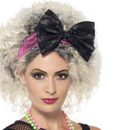 NET TOYS Headband with bow 80s lace alice band Pink - black eighties hair decoration neon headdress theme party 1980s hairstyle