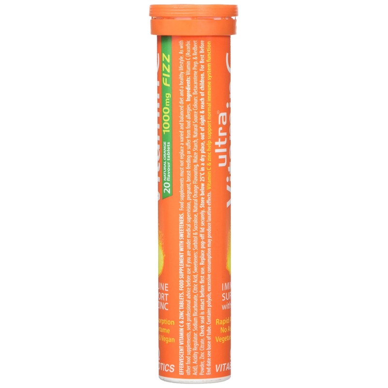 Vitabiotics Ultra Vitamin C Effervescent, Dissolvable with Zinc, Orange Flavour,
