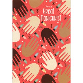 Designer Greetings Multi-Colored Hands, Light Bulbs and Gold Snowflakes on Red Christmas Card for Manicurist