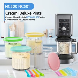 4 Pack Creami Deluxe Pints & Lids for Ninja, 24 Oz Compatible with NC500 NC501 Series Ice Cream Makers, with 5 Spoons & 64 Writable Labels, BPA-Free & Dishwasher Safe, 4 Color Lids