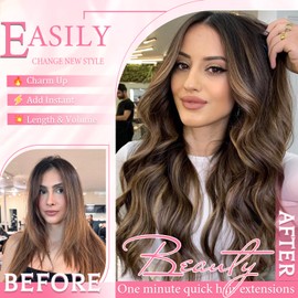 Clip in Hair Extensions Real Human Hair, Seamless Balayage Human hair Clip ins Extensions for Women Invisible Straight 8Pcs Double Weft Natural Black Highlight Chestnut Brown 16inch 90g