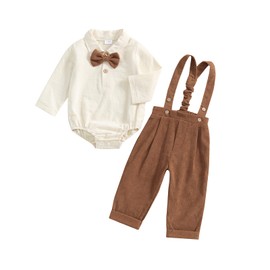 MAHUAOYIXI Newborn Baby Boy Gentleman Suit 0-24M Toddler Infant Boys Fall Winter Outfit Solid Color Long Sleeve Rompers With Bow Tie Shirts and Suspender Pants 2 Piece Clothes Set (Brown, 3-6 Months)