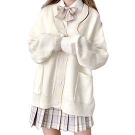 Preppy Aesthetic Clothes Cute Japanese School Sweater Kawaii Solid V-Neck Loose Knitted Cardigan JK Uniform Cosplay (M,White)
