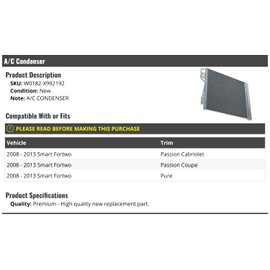 A/C Condenser - Compatible with 2008-2013 Smart Fortwo