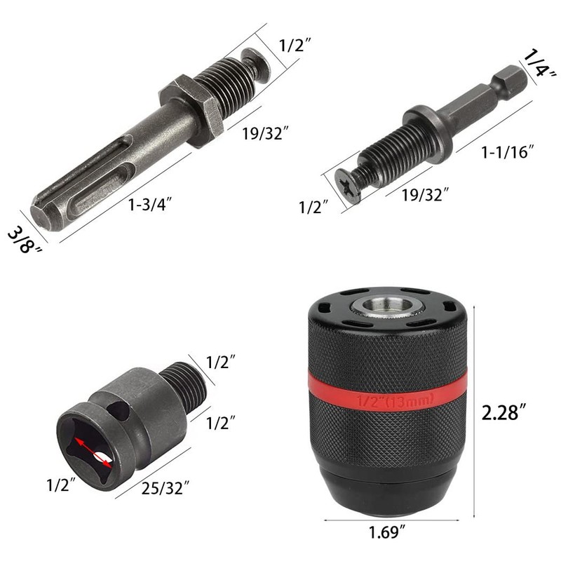 Saipor 1.5-13mm Quick Change Keyless Chuck Self-Tighten 1/2"-20UNF Thread Hand