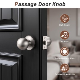 Knobonly 3 Pack Satin Nickel Round Ball Door Knob, Classical Passage Hallway Closet Door Handles, None-Locking
