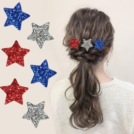 6Pcs 4th of July Hair Clips, Glitter American Flag Patriotic Design Independence Day Hair Accessories, Red White Blue Star Hairpins Barrettes for Party Cheering Squad Hairs Decorations
