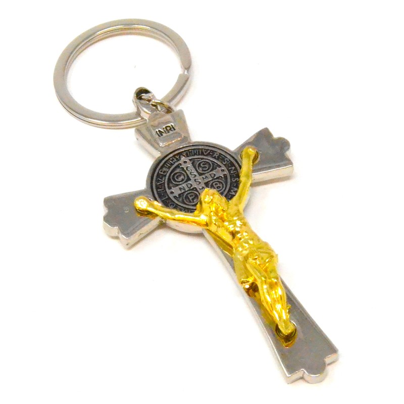 Gold Jesus Crucifix Keyring Holy Cross Keychain Religious St Benedict
