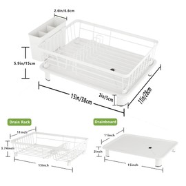 GHERISN Dish Drainer Rack with Drip Tray, Sink Dish Drainer with Drainage Spout, Stainless Steel Dish Drying Rack with Cups, Utensil & Cutting Board Holders for Kitchen Counter Space-Saving, White