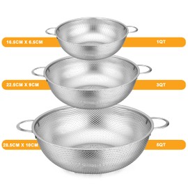 Colander Set of 3, Joyfair Stainless Steel Kitchen Colanders Strainers for Straining/Draining/Rinsing/Washing, Ideal for Food Rice Pasta Fruits Vegetable, Heavy Duty & Dishwasher Safe - 1/3/5 Quart
