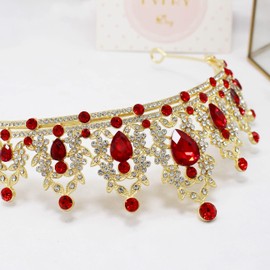 Crown, Rhinestone Wedding Crowns, Wedding Tiara Headband for Brides, Tiaras for Women Red Gold Crown Queen Birthday Crown Crystal Headband, Crown for Wedding Prom Birthday, Head Pieces for Women Fashion, Red Rhinestone Hair Accessories Jewelry Princess D