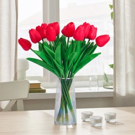 RECUTMS Faux Tulips with Stems 15Pcs Artificial Flowers in Clear Glass Vase Real Touch PU Bouquet for Valentine's Day Spring Wedding Centerpiece Home Office Party Floral Arrangements(Red)