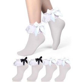 MKYSZLT Womens White Ankle Lace Ruffle Frilly Socks Bow Socks Opaque Nylon Socks Coquette Socks Trim Bobby Socks Lolita Socks, White+black Bow, One Size
