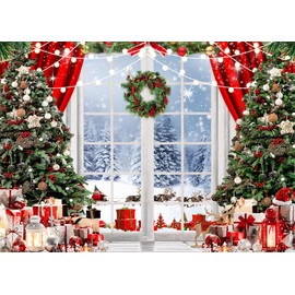 AIIKES 8x6FT Christmas Backdrop Christmas Window Photography Backdrop Winter Snow Backdrop Christmas Tree Gift Party Decoration Backdrop XY72