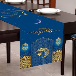 Blue Eid Ramadan Mubarak Table Runner, Gold Star Moon Lantern Tablecloth, Ramadan Kareem Linen Decorative Table Runner, Muslim Islamic Seasonal Holidays Kitchen Home Table Decoration, 14 x 72 Inches