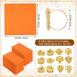 Remerry 24 Pcs Thanksgiving Fall Napkin Rings Set, Include 12 Pumpkin Maple Leaf Napkin Rings Gold Napkin Holder 12 Solid Color Cloth Dinner Napkins for Thanksgiving Autumn Party Table Decoration