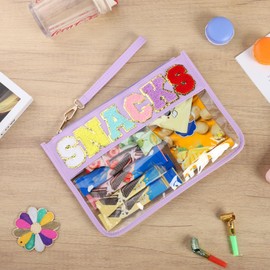 Narsikar Clear Snack Bag for Travel, Chenille Letter Clear Zipper Snacks Pouch Nylon Cosmetic Bag Makeup Travel Bag for Women (Purple)