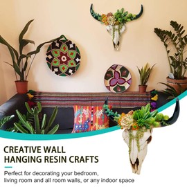alikiki Rustic Western Home Decor - Tribal Wall Decor Western Long Horn Bull Skull Wall Decor Cow Buffalo Skull Bison Animal Head Wall Hanging Wall Arts w/Succulents for Bedroom Living Room