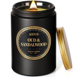 AOOVOO Scented Candles for Men - Large 22oz 120 Hours of Burn Time, Oud & Sandalwood Candles for Home Scented | Crackling Wood Wick Soy Candle | Strong Fragranced Black Candle Gift for Women & Men