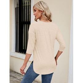 Kancystore Casual Tops for Women 3/4 Sleeve Cotton Stretch Crew Neck T-Shirts Cream M