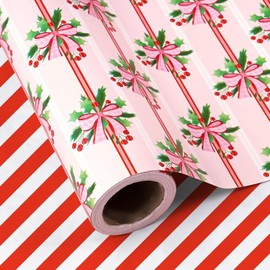RUSPEPA Reversible Christmas Wrapping Paper - Mini Roll - 43.2cm x 10m - Holly and Red Bow Wrapping Paper for Xmas, Party Celebration