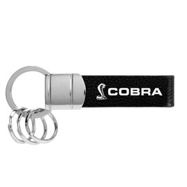iPick Image Compatible with Ford Mustang Cobra Black Real Leather Strap Chrome Round Hook Metal Key Chain