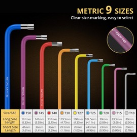 AMTOVL Star Allen Wrench Set, 9PCS Star Key Set, T10-T50, Long Arm Star Key Set, Color Coding TX Key Set for Vehicle, and Bicycle Repairs