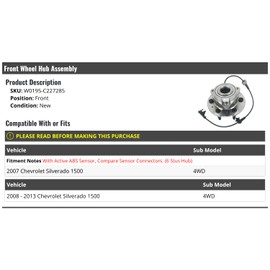 Marketplace Auto Parts Front Wheel Bearing Hub Assembly - 6-Lug - Compatible with 2007-2013 Chevy Silverado 1500 4WD with ABS