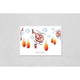 Poster Reproduction of Watercolor cartoon cute seamless border Firefighting and fire safety equipment illustration. Fire helicopter, dog, helmet, hose, column, fire extinguisher. Baby shower red