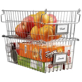 Orgneas Stackable Chest Freezer Baskets Organizer Bins, Metal Wire Baskets Pantry Organizer Produce Baskets with Tag Slot for Snacks Vegetables and Fruits