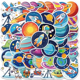 Calkkrer Pack of 50 Astronaut Space Stickers, Waterproof Vinyl Planet Stickers, Funny Alien Stickers for Children, Universe Decoration, Stickers for Bottle, Laptop