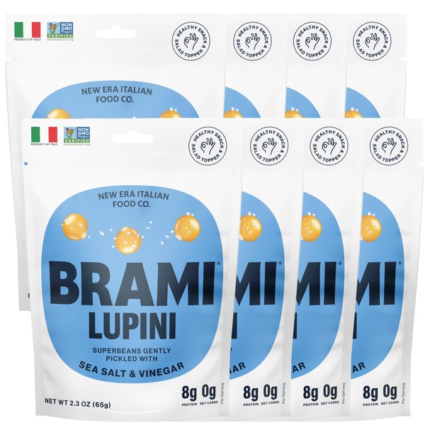 Simply Pickled Lupini Beans Snack by BRAMI | 9g Plant Protein, 0g Net Carbs | Vegan, Vegetarian, Keto, Mediterranean Diet, Non Perishable | 2.3 oz (Sea Salt & Vinegar, 8 Count)