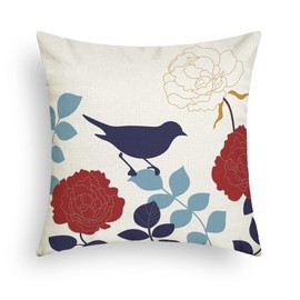 CaliTime Throw Pillow Covers 18 X 18 Inches Canvas Floral Cartoon Shadow Bird Silhouette Cushion Cases for Couch Sofa Home Decoration Navy Blue Bird Red Flower