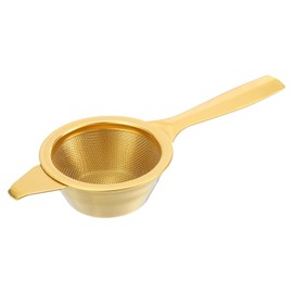 uxcell 1 Pcs Tea Infuser Filter with Foldable Handle, Drip Bowl, Fine Mesh Loose Tea Steeper, Stainless Steel Tea Strainer for Brew Loose Leaf Tea, Gold