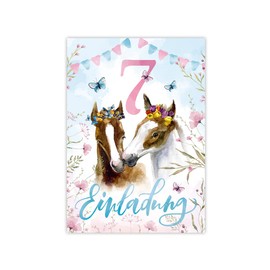 Minkocards 12 Invitation Cards with 12 Envelopes for 7th Children's Birthday Girls Horses Invitation Set