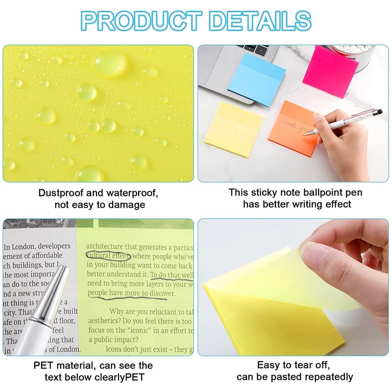 600 Sheets Transparent Sticky Notes, 2 Sizes, Transparent Sticky Notes,
