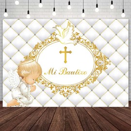 SENDY 7x5ft Mi Bautizo Backdrop Polyester Little Angel White Pigeon Baby Baptism Photography Background First Holy Communion Religious Christening Party Decorations Banner Photo Booth Props